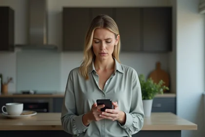 Femme inqui&egrave;te regardant son smartphone dans la cuisine