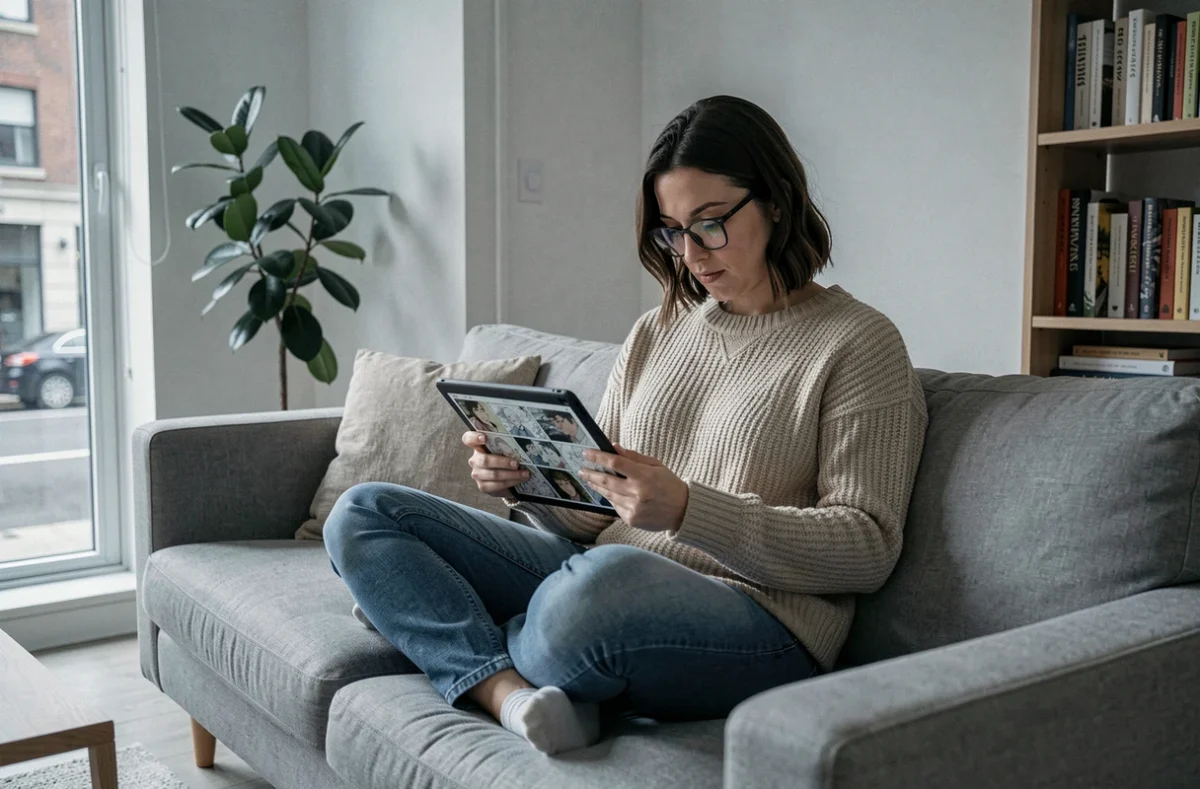 Femme lisant du manhwa sur tablette assise dans son salon moderne avec décoration minimaliste