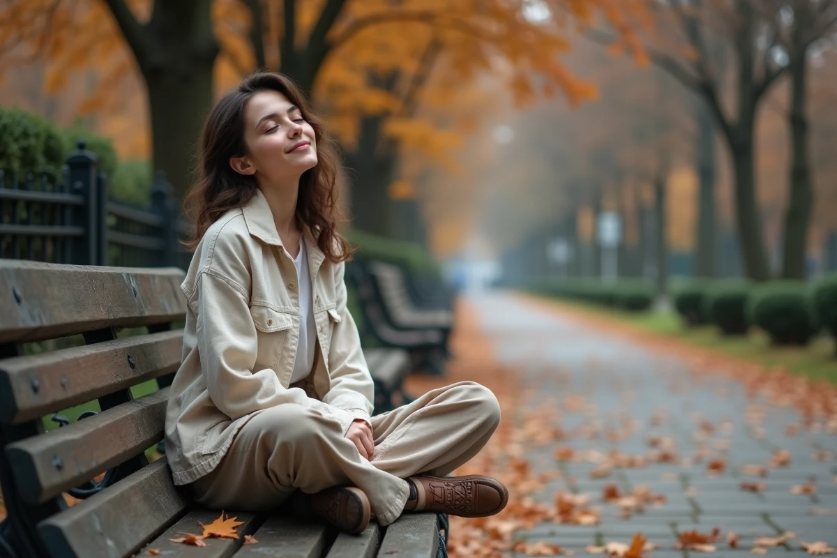 Jeune femme sereine lisant un livre de philosophie dans un parc en automne, réflexion sur le bonheur selon Schopenhauer