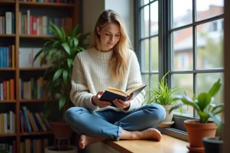 Femme lisant un roman dans un intérieur cosy et lumineux