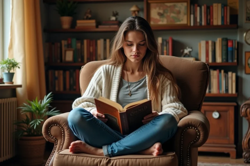 Jeune femme lisant un roman Warhammer dans un salon chaleureux
