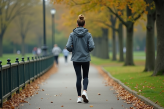 Femme d'âge moyen marche dans un parc urbain en tenue de sport