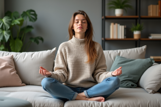 Femme méditant dans un salon cosy et calme