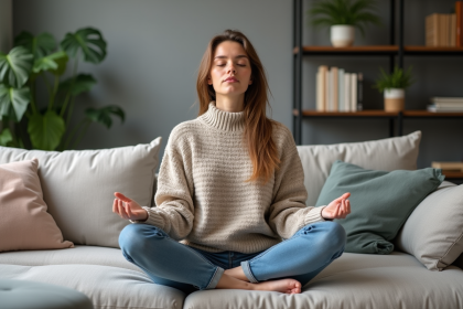 Femme méditant dans un salon cosy et calme