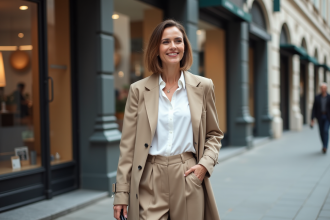 Femme élégante en trench beige dans une ville chic