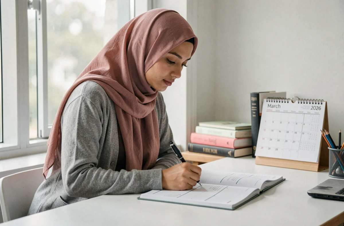 Femme musulmane ajustant ses horaires de prière dans un agenda lors du passage à l'heure d'été 2026