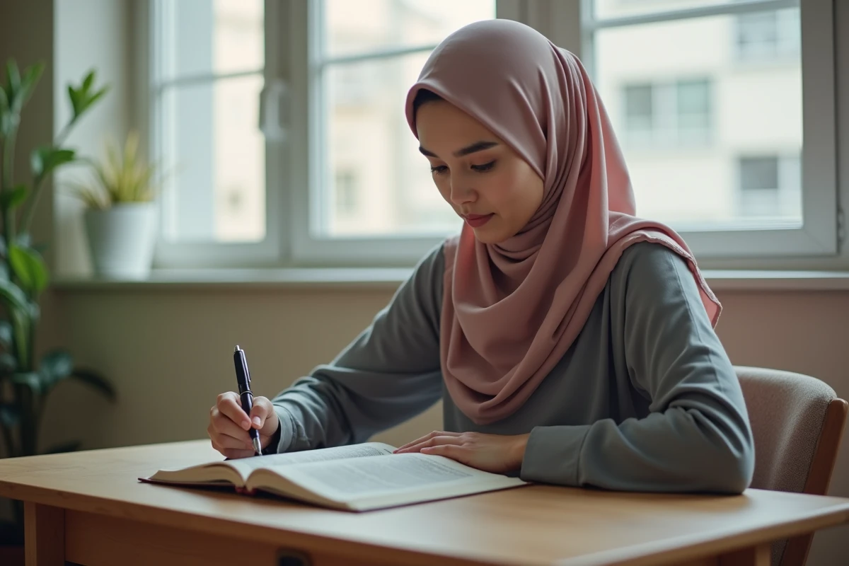 Femme musulmane en contemplation devant le Coran et un journal ouvert, préparant une prière istikhara pour une prise de décision importante