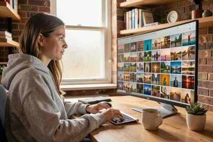 Jeune femme naviguant sur Scrolller devant un grand écran affichant une grille de contenus Reddit variés dans un bureau moderne
