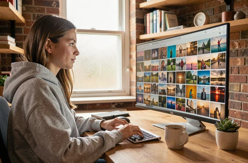 Jeune femme naviguant sur Scrolller devant un grand écran affichant une grille de contenus Reddit variés dans un bureau moderne