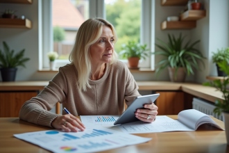Femme d'âge moyen dans une cuisine moderne consulte des documents