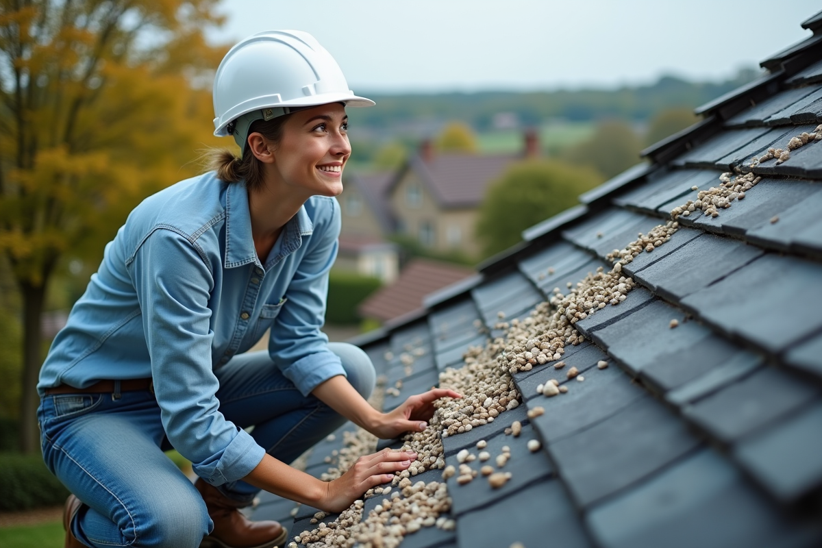 Jeune femme posant des galets sur un toit en ardoise