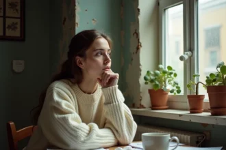 Jeune femme pensive attablée dans un appartement parisien, illustrant la nostalgie et la réflexion sur les choix de vie évoqués dans Elle me dit de Mika