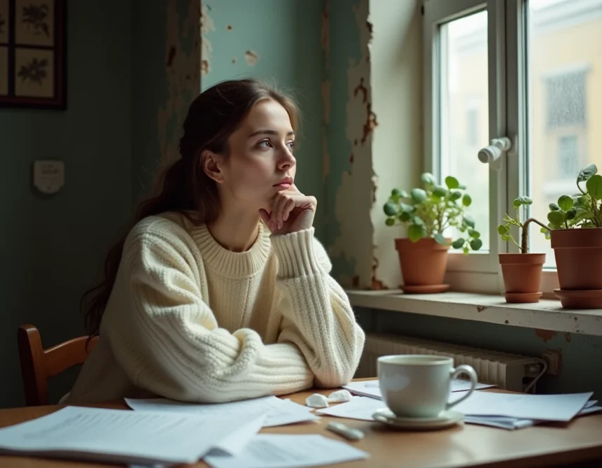 Jeune femme pensive attablée dans un appartement parisien, illustrant la nostalgie et la réflexion sur les choix de vie évoqués dans Elle me dit de Mika