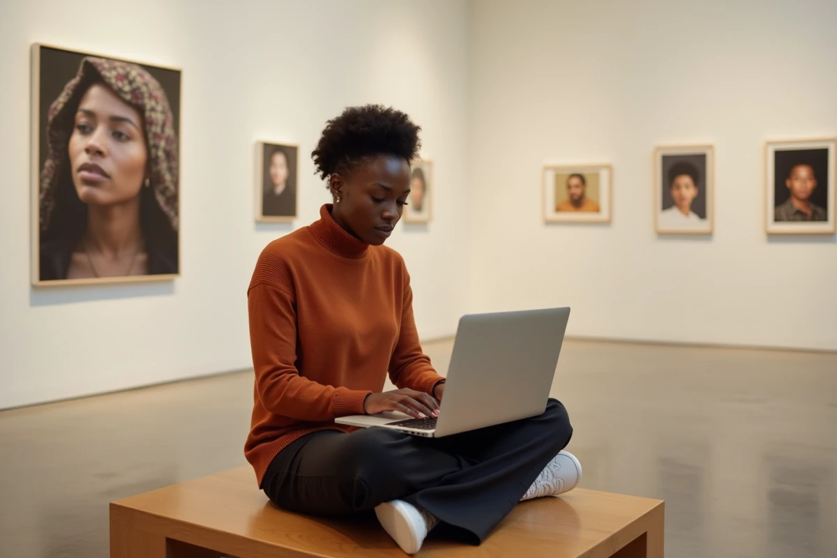 Photographe femme noire dans une galerie d'art minimaliste, éditant ses photos sur un ordinateur portable, atmosphère sereine et créative
