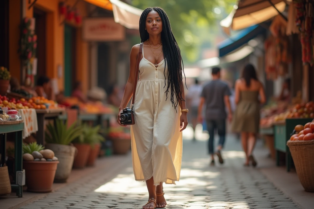 Jeune photographe femme latina au marché en plein air, photographiant des scènes du quotidien avec un appareil compact, atmosphère documentaire vivante