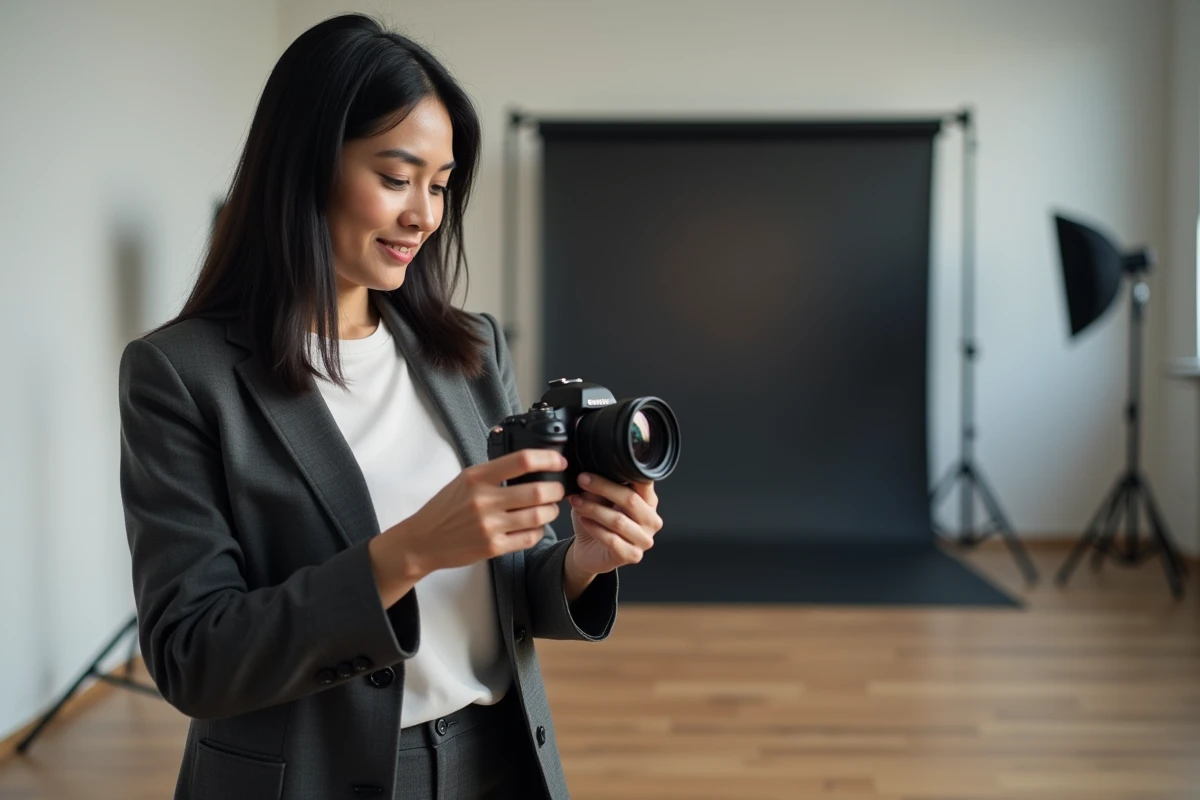 Photographe femme sud-asiatique en studio professionnel examinant ses photos sur un appareil mirrorless, ambiance créative authentique