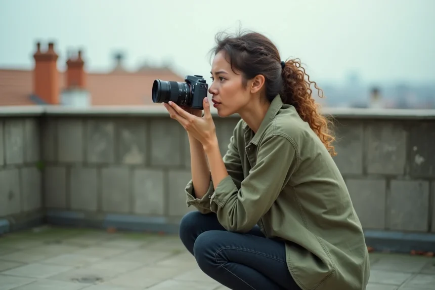 Photographe femme contemporaine sur un toit urbain européen, tenant un appareil photo argentique, atmosphère contemplative
