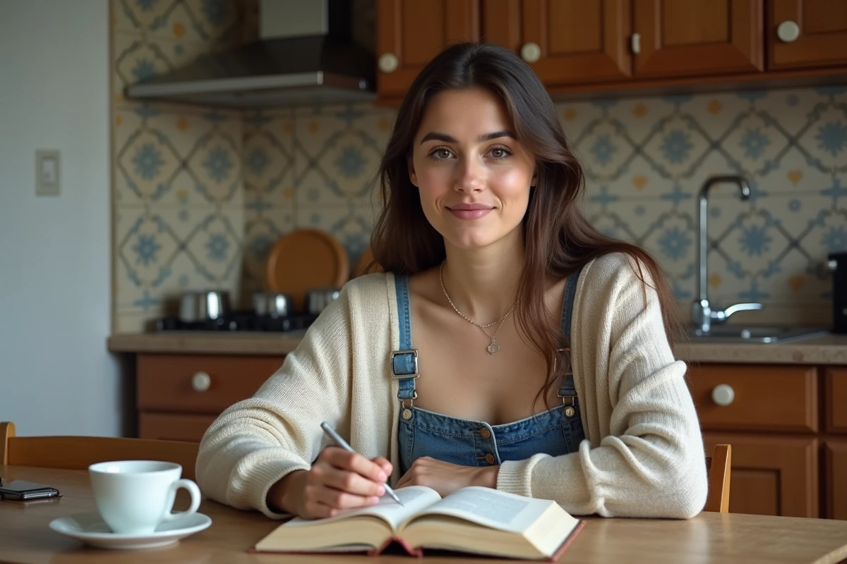 Jeune femme portugaise avec dictionnaire dans la cuisine