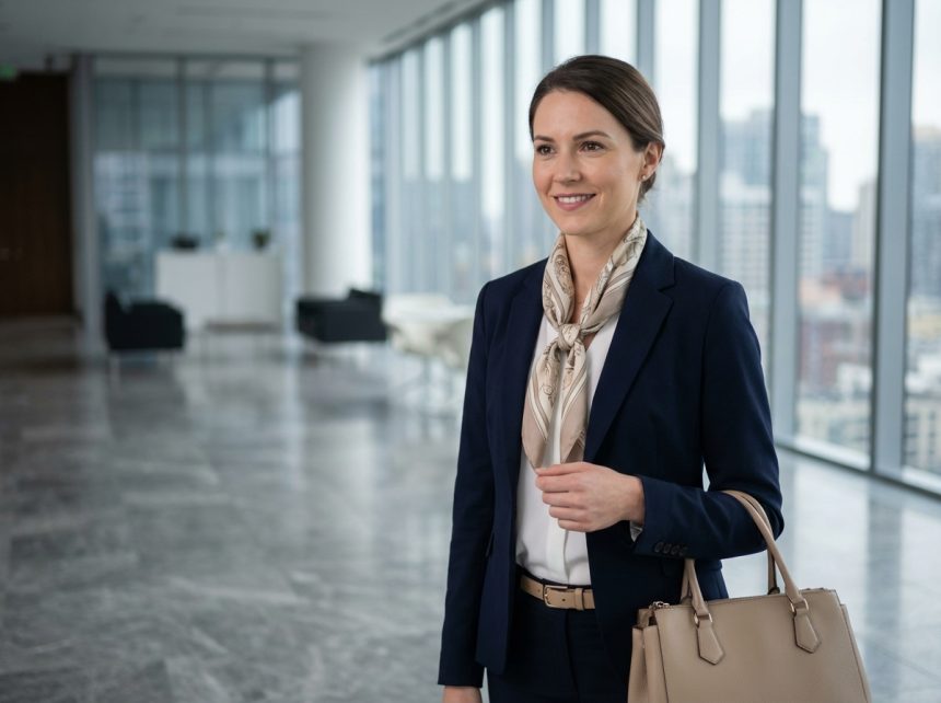 femme en blazer beige avec accessoires élégants et harmonieux