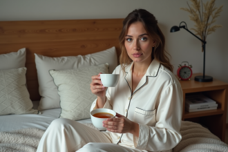 Femme en pyjama coton tenant une tasse de thé dans un lit
