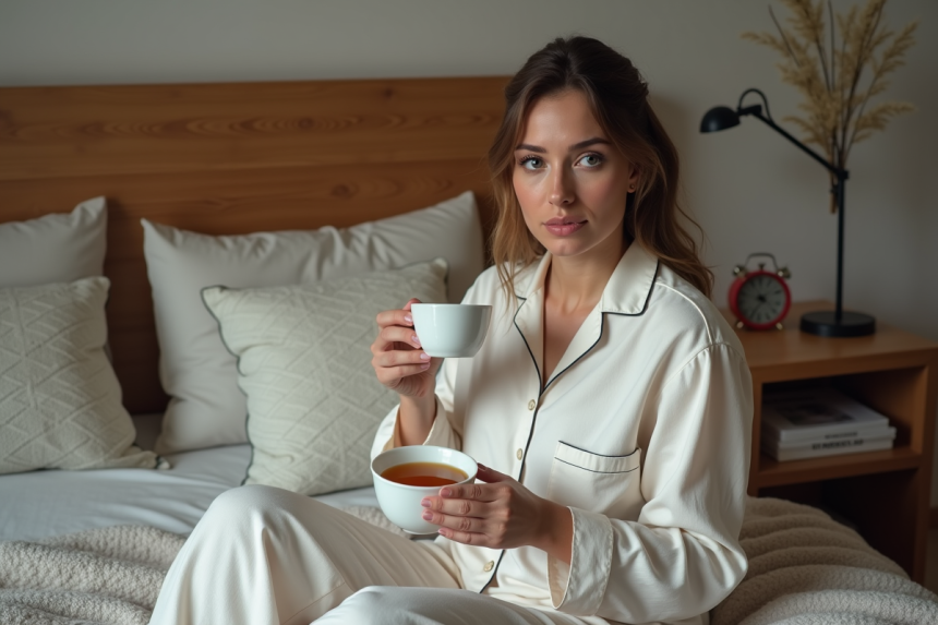 Femme en pyjama coton tenant une tasse de thé dans un lit