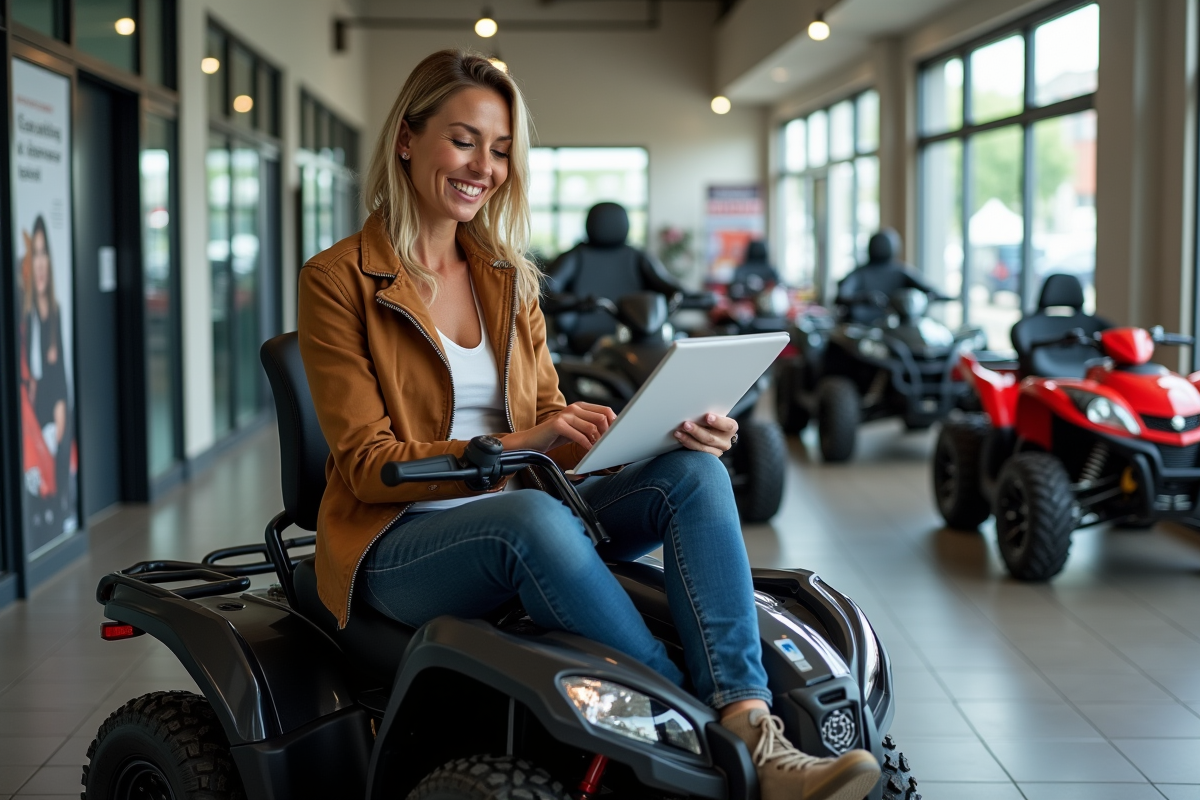 Femme assise sur un quad dans un showroom lumineux