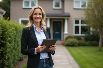 Femme en blazer devant maison de banlieue accueillante