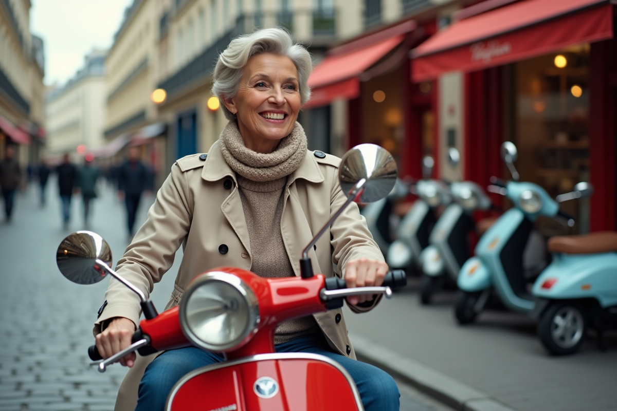 Femme souriante assise sur un scooter devant un magasin parisien