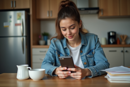 Jeune femme confirme un transfert bitcoin avec son smartphone