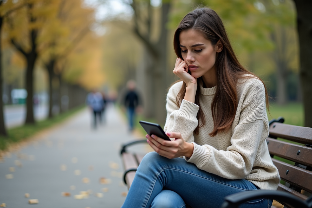 Jeune femme regardant son smartphone avec application bancaire dans un parc