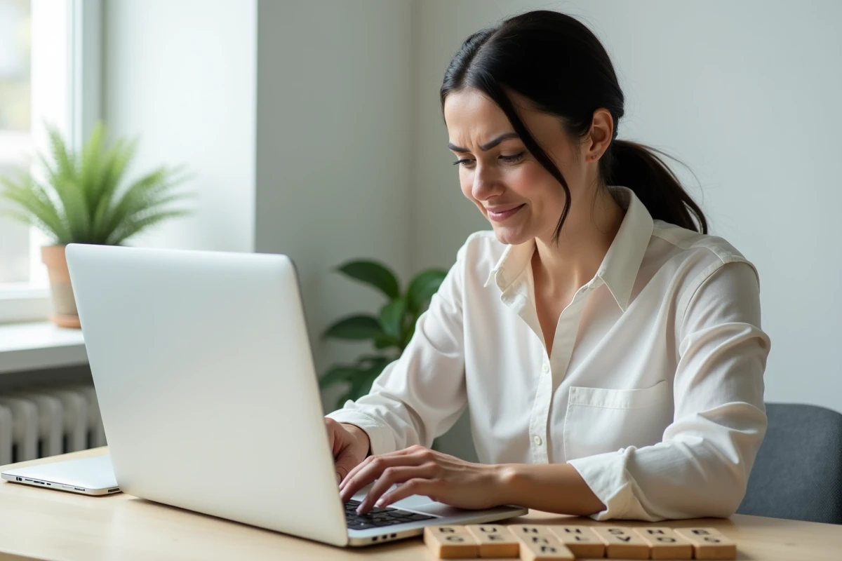 Femme utilisant un solver de Scrabble en ligne sur ordinateur portable avec des lettres en bois posées sur le bureau