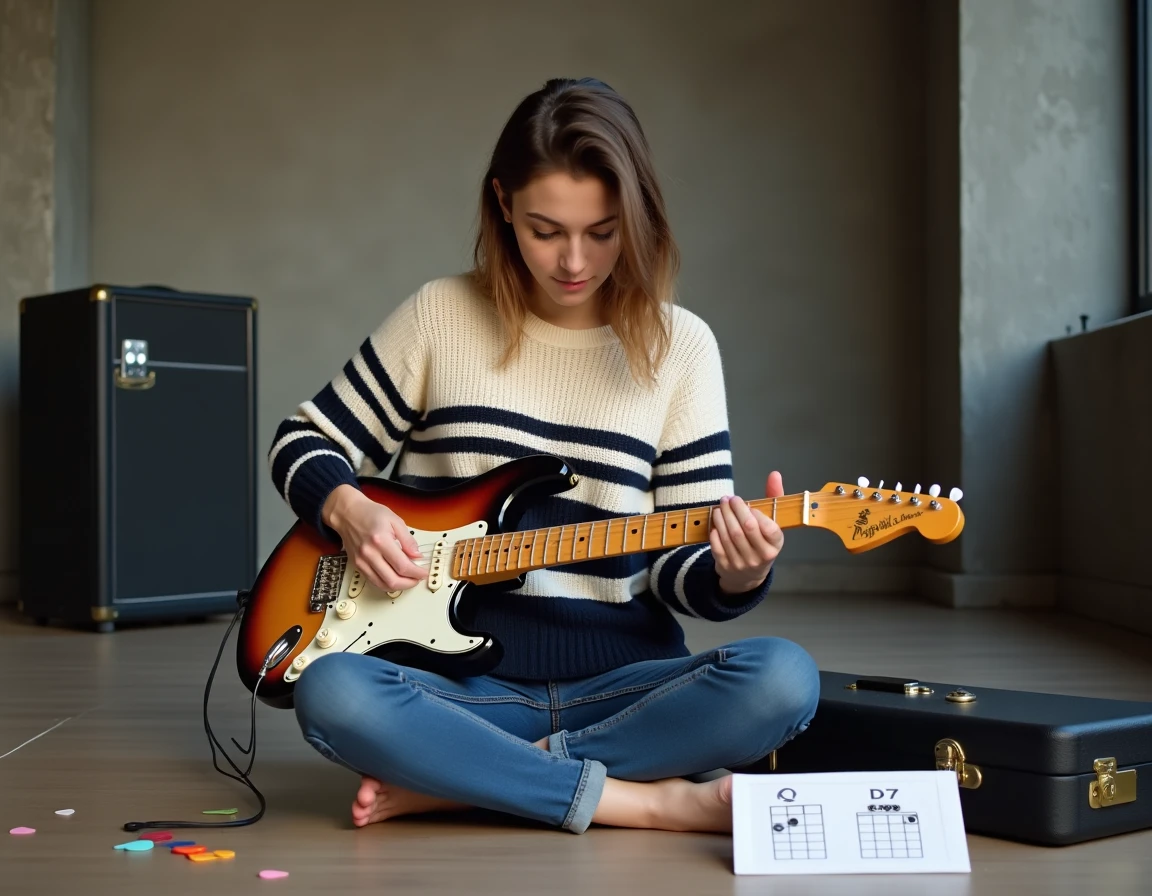 Jeune femme apprenant à placer ses doigts sur un accord D7 à partir d'une tablature guitare en studio