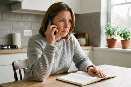 Femme en pull gris téléphonant depuis chez elle pour retrouver un numéro via le 118 712