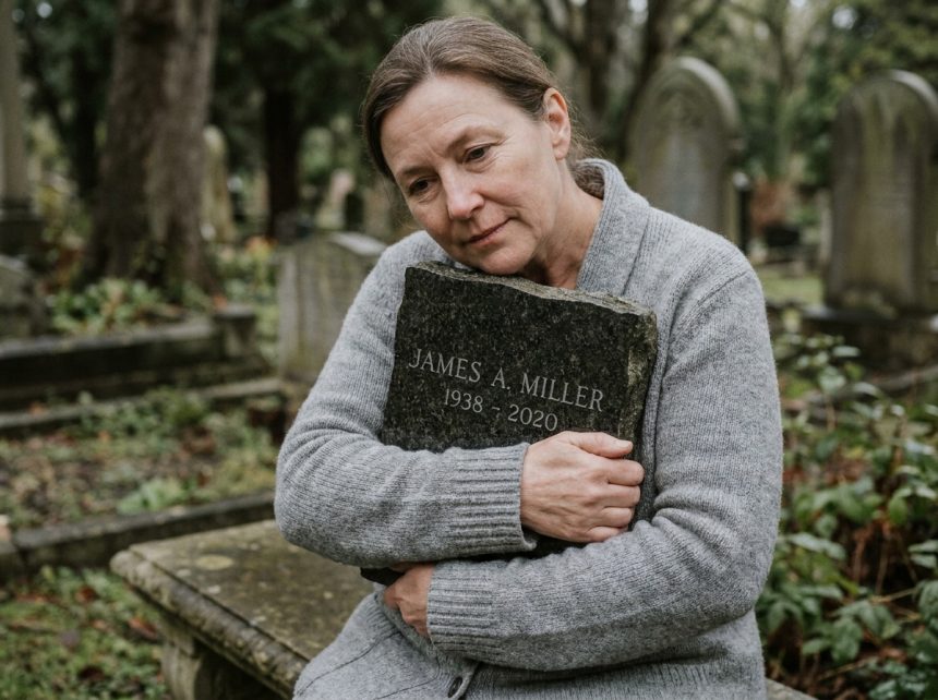 Femme tenant une plaque funéraire en granit au cimetière