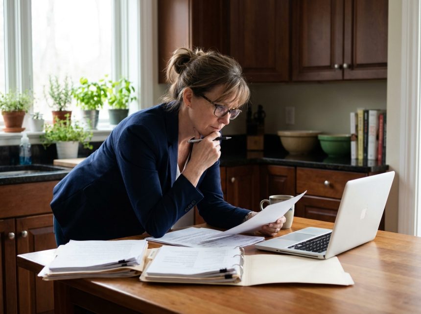 Femme travaillant dans sa cuisine tout en gérant ses finances