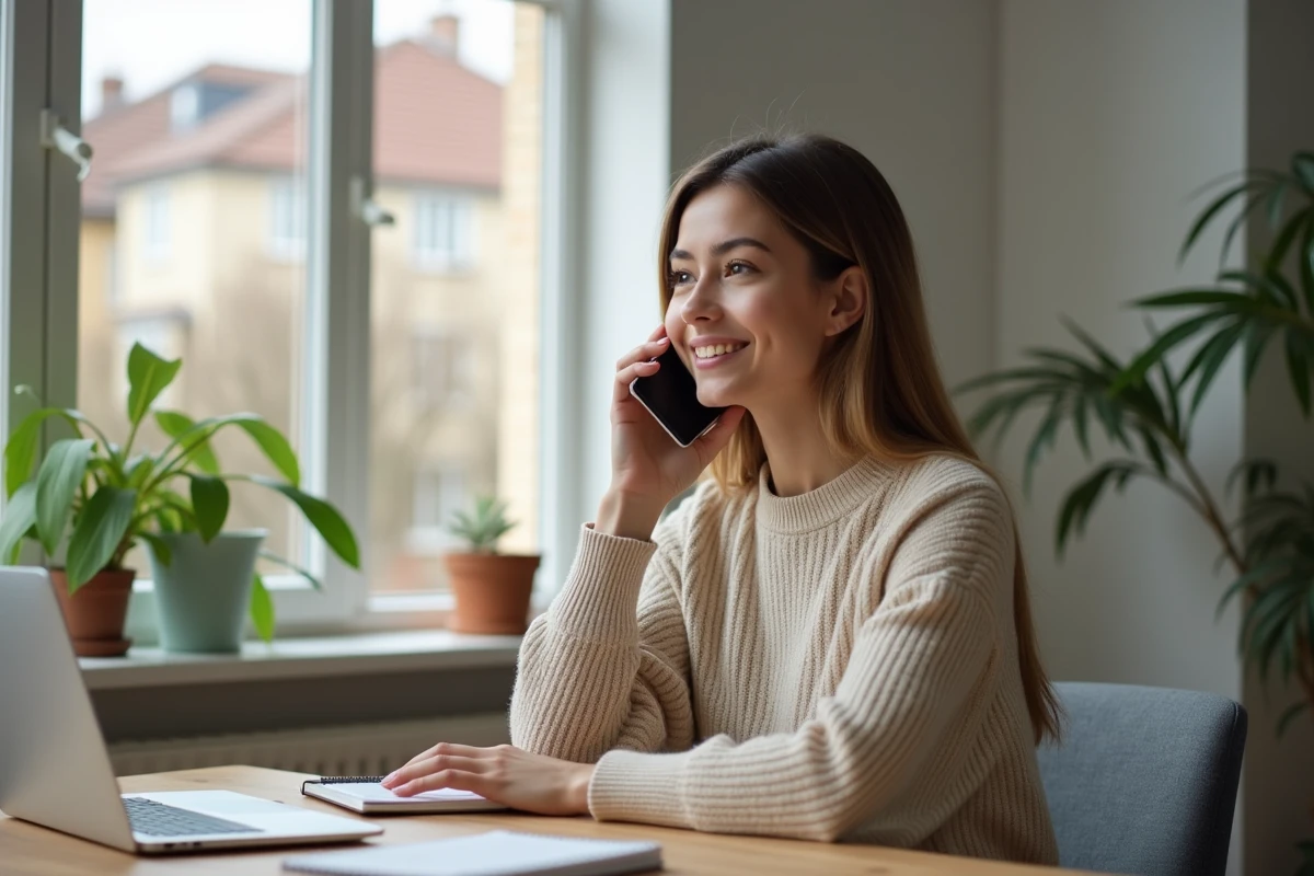 Femme au téléphone dans un bureau à domicile moderne