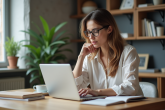 Femme travaillant sur un laptop dans une cuisine moderne