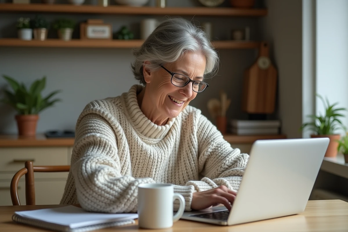 Femme d'âge moyen travaillant sur un ordinateur portable à la maison