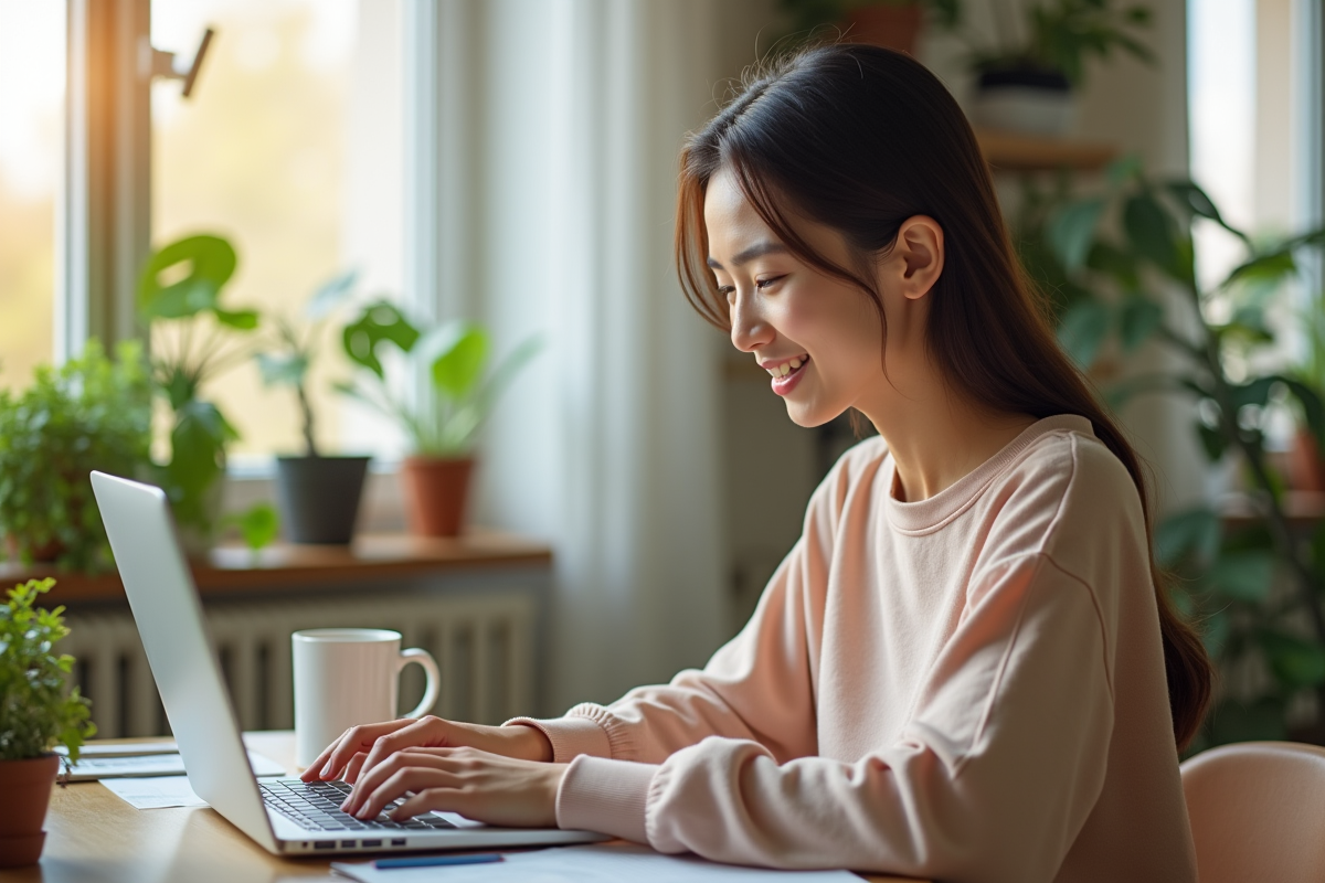 Jeune femme en télétravail participant à une visioconference à la maison