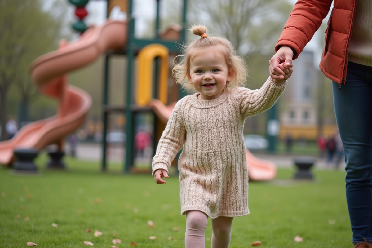 Fille de deux ans marchant sur une aire de jeux avec sa famille dans un parc urbain