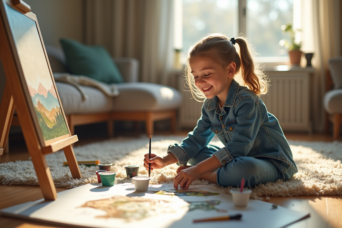 Jeune fille en denim peignant un tableau dans le salon lumineux