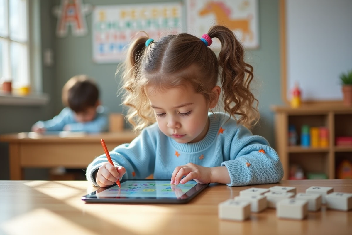 Fille trace des lettres sur une tablette en classe