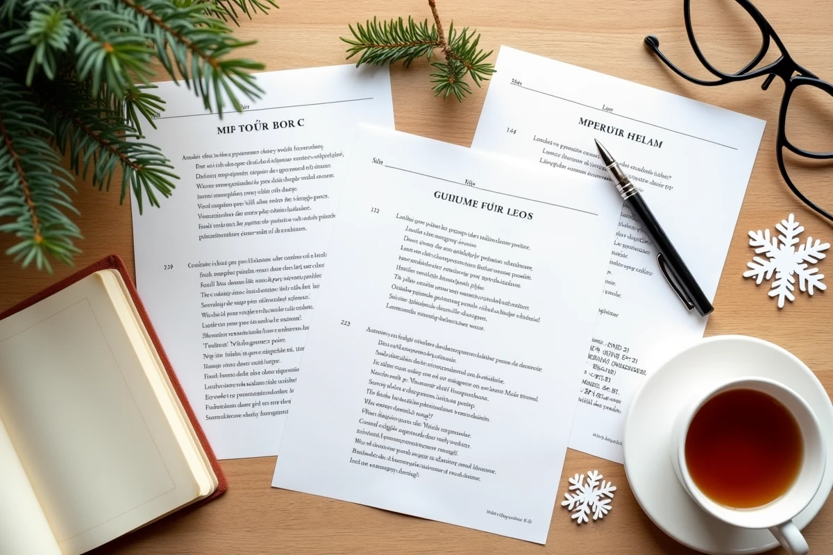 Flatlay de fiches de poésie hivernale imprimées avec stylo et accessoires de bureau