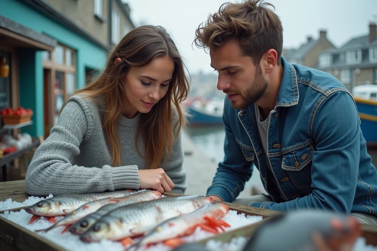 Couple choisissant des fruits de mer frais au marché de Plouguerneau près du port