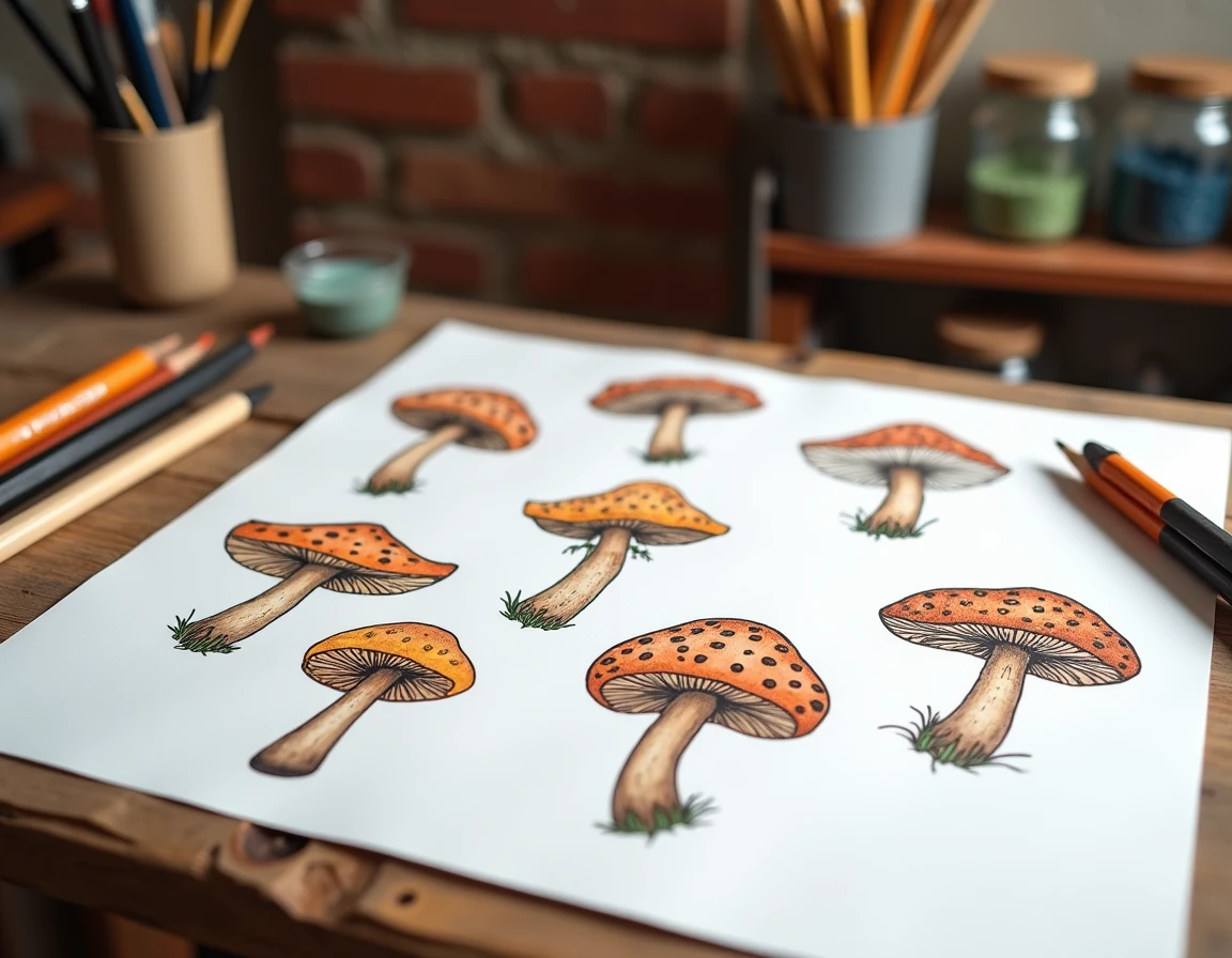 Gabarits de champignons à colorier dessinés à la main avec motifs décoratifs sur bureau rustique