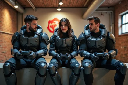 Trois adultes en armure futuriste jouent ensemble dans un loft