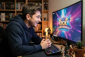 Jeune gamer captivé par la diffusion en direct du Summer Game Fest depuis son bureau de jeu