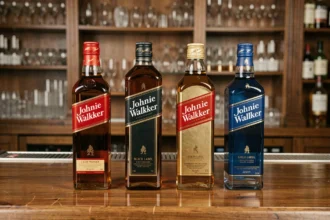 Gamme complète de whiskies Johnnie Walker alignés sur un comptoir de bar en bois poli, du Red Label au Blue Label
