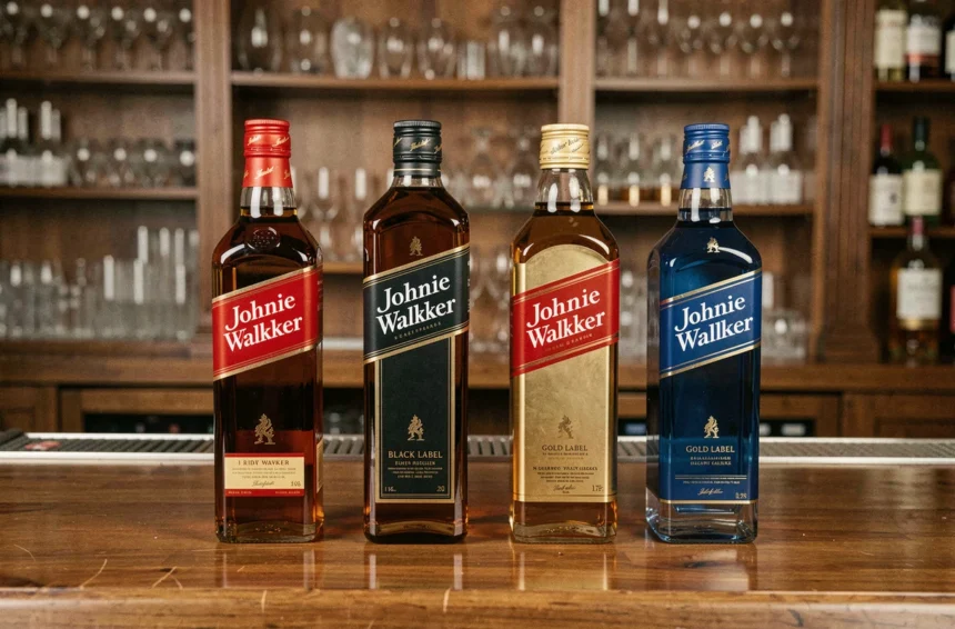 Gamme complète de whiskies Johnnie Walker alignés sur un comptoir de bar en bois poli, du Red Label au Blue Label