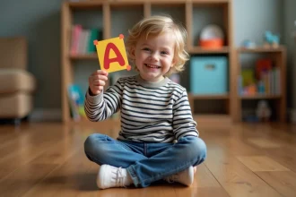 Garçon souriant avec carte alphabet dans un salon